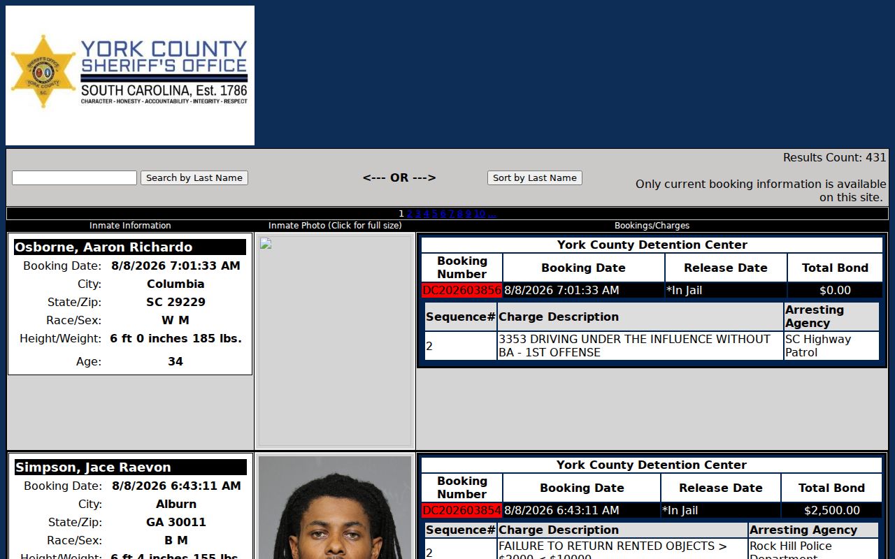 York County arrest records current inmate roster search